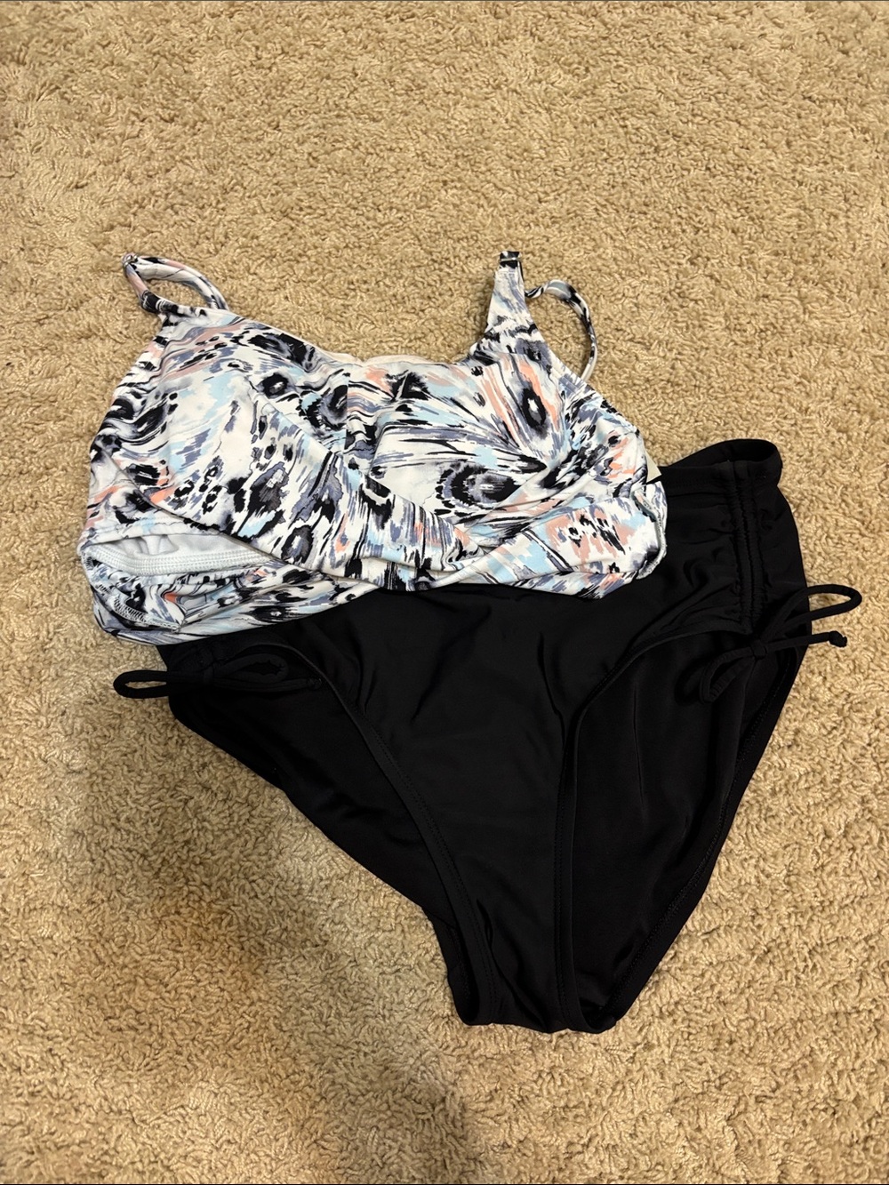 Women's Two-Piece Swim Set with Pastel Abstract Print Top and Black Bottoms